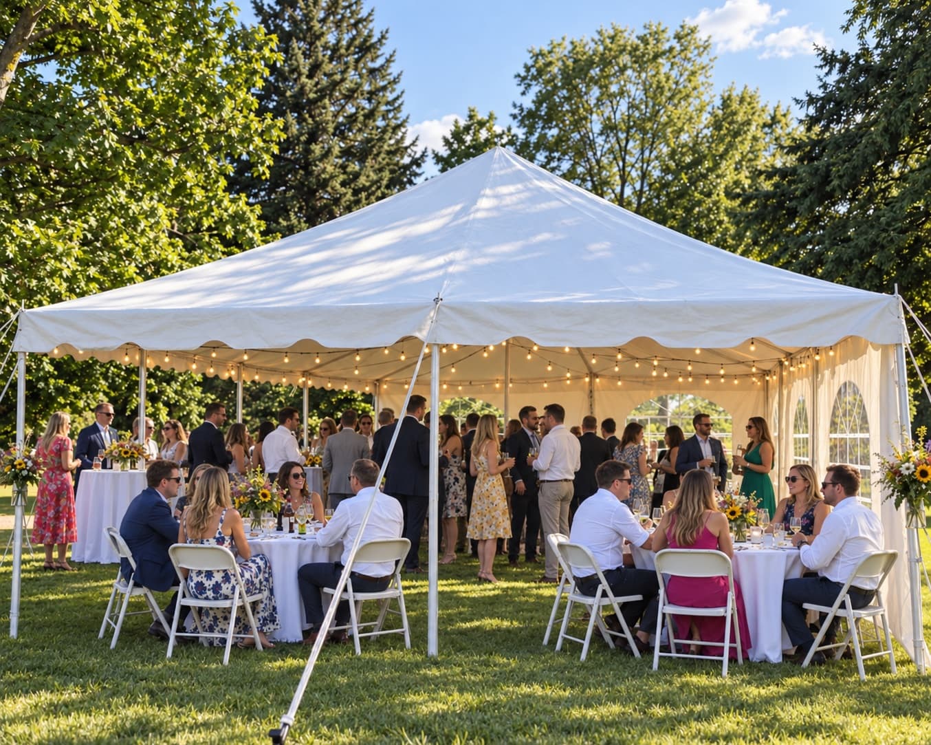 Our 20 × 20 heavy-duty canopy tent over a garden party, strung with lights